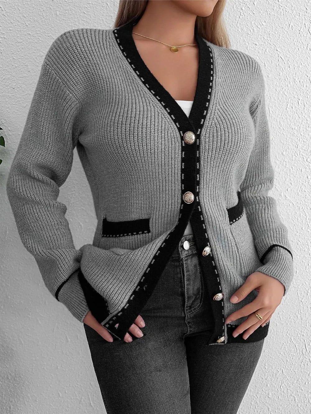 Contrast Trim Button Up Long Sleeve Cardigan - adritiX