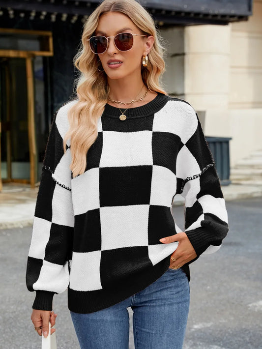 Checkered Round Neck Long Sleeve Sweater - adritiX