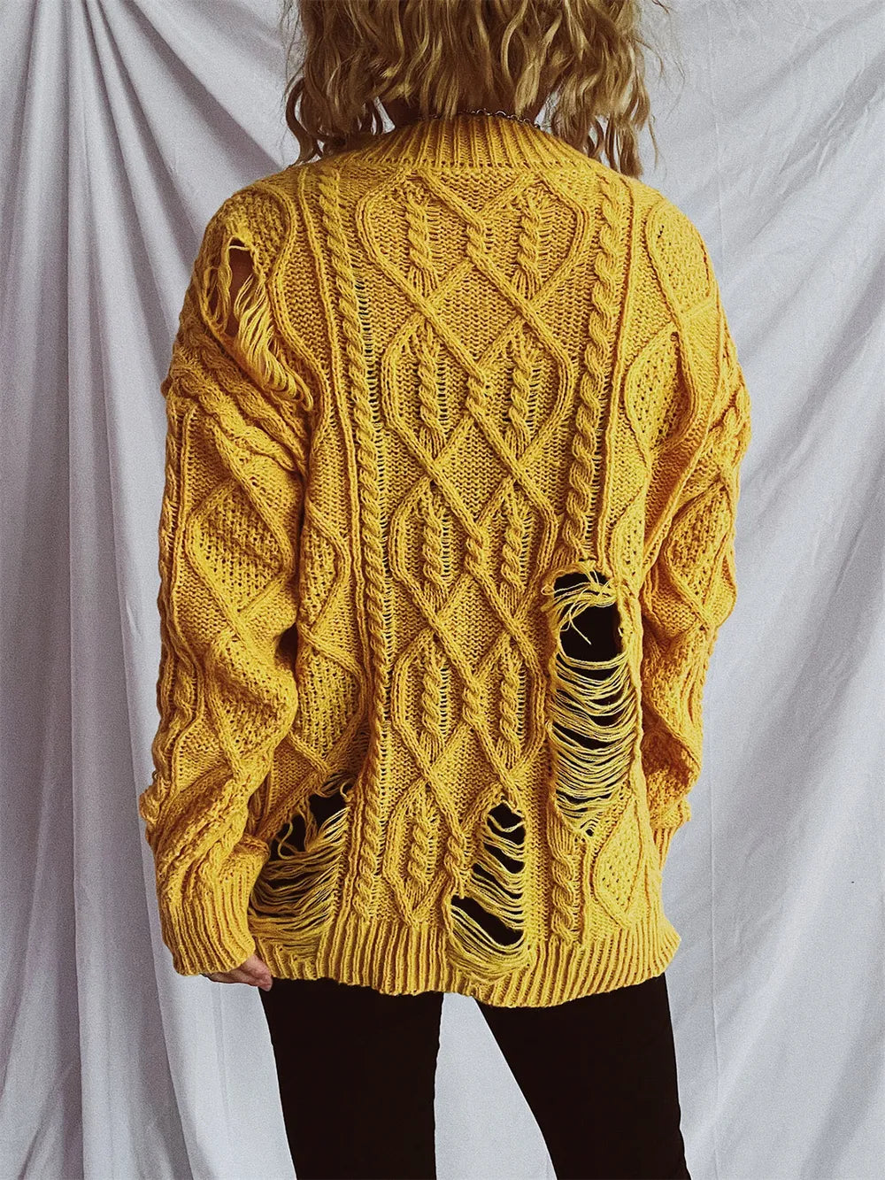 Distressed Cable-Knit Round Neck Long Sleeve Sweater - adritiX