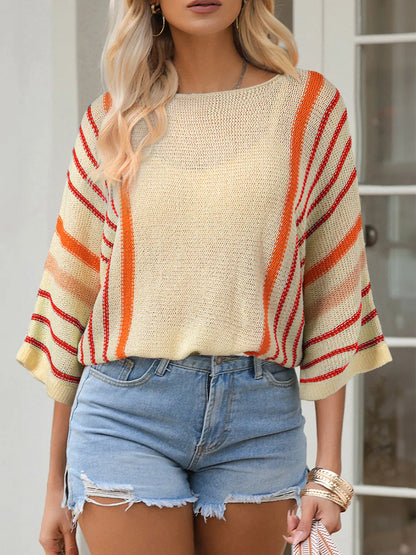 Striped Boat Neck Three-Quarter Sleeve Knit Top - adritiX