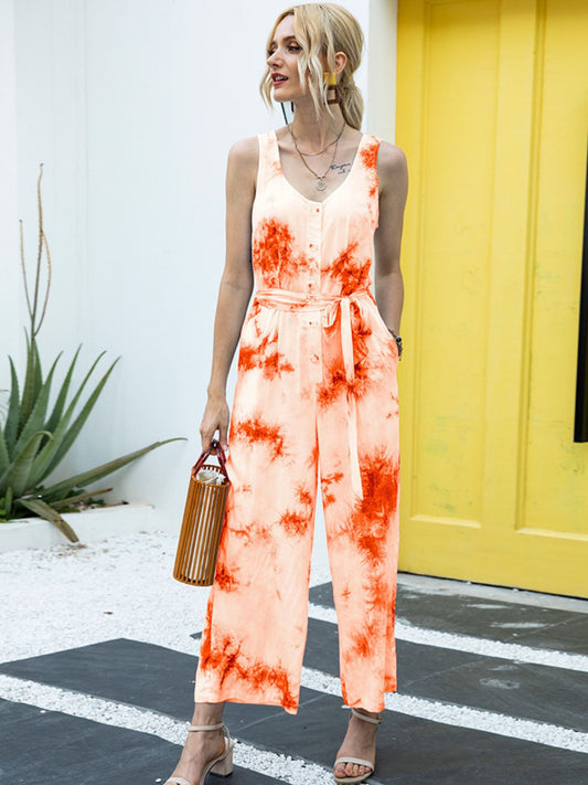 Elegant Ivy Lane Tie-Dye Tie Waist Sleeveless Jumpsuit - adritiX