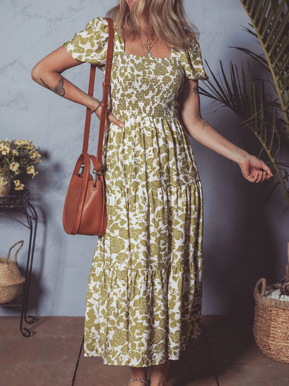 Boho Floral Square Neck Smocked Bust Puff Sleeve Tiered Dress - adritiX