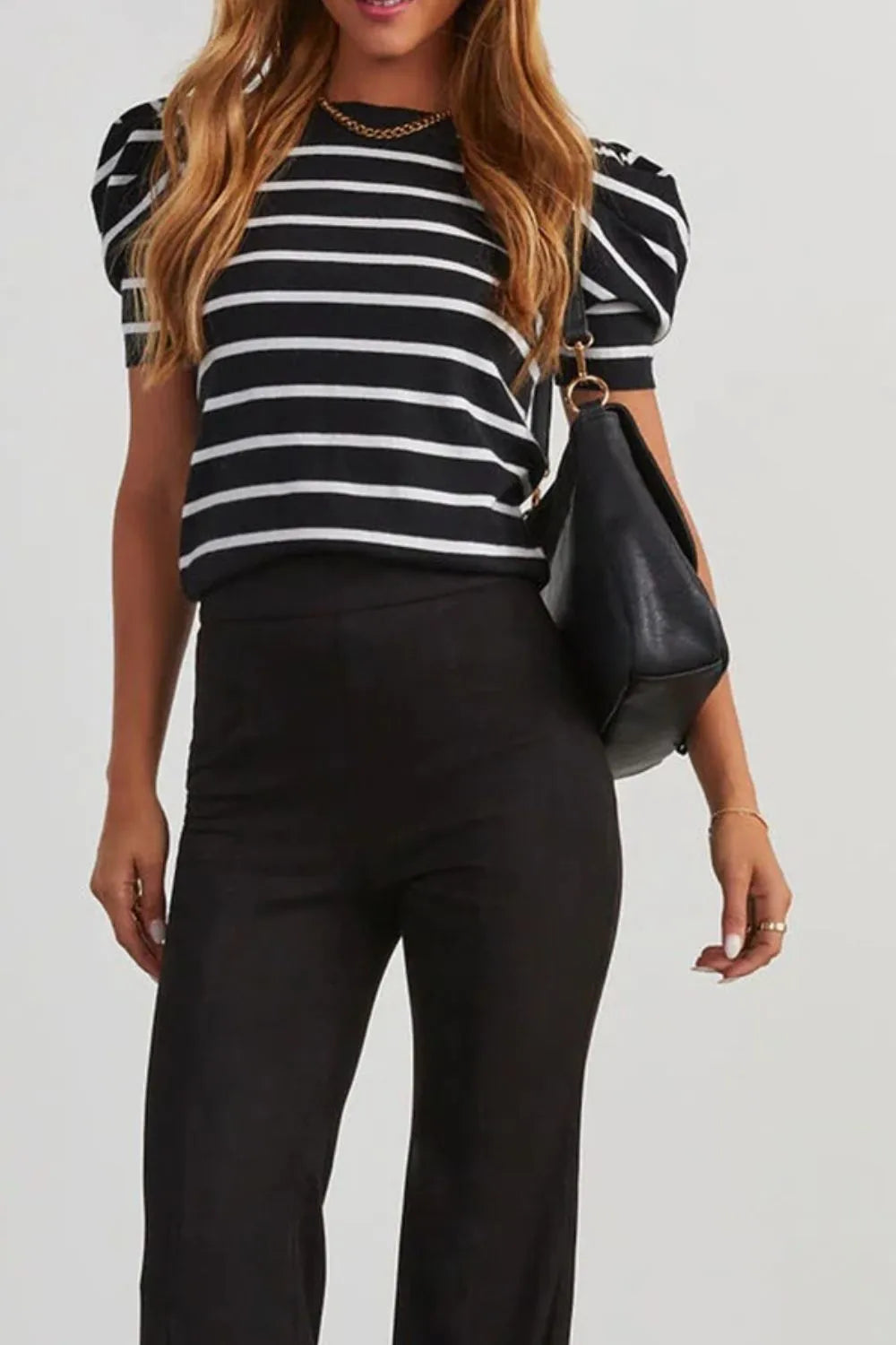 Stripe Ribbed Trim Round Neck Bubble Sleeve Knitted Top - adritiX