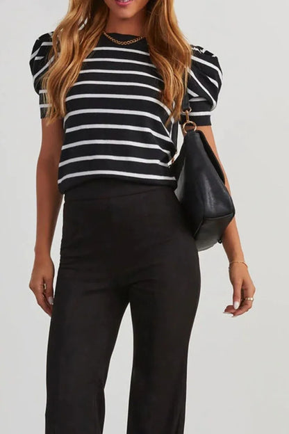 Stripe Ribbed Trim Round Neck Bubble Sleeve Knitted Top - adritiX