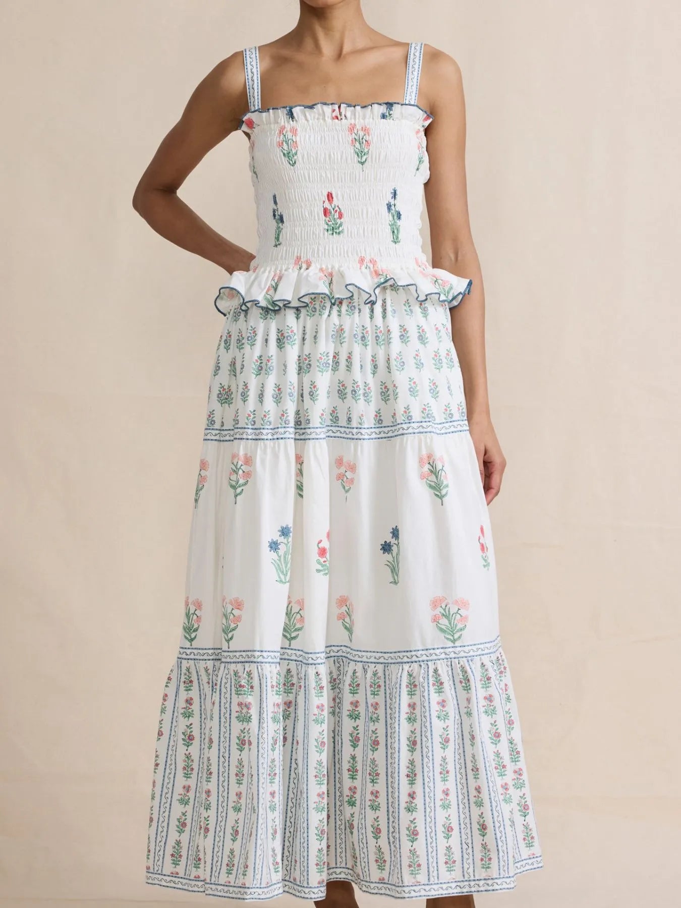 Smocked Ruffled Square Neck Maxi Dress - adritiX