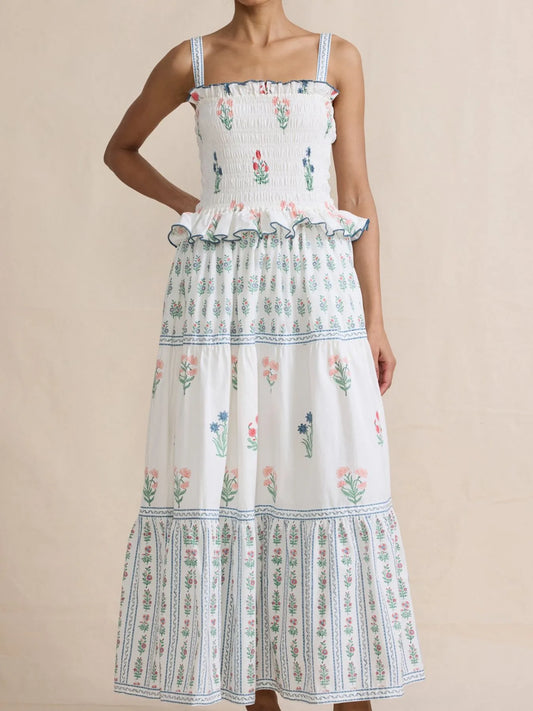 Smocked Ruffled Square Neck Maxi Dress - adritiX