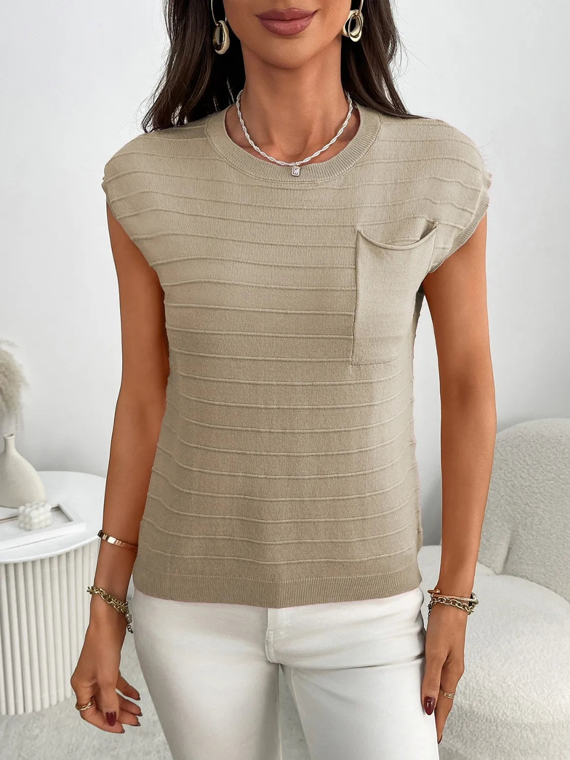 Round Neck Cap Sleeve Knit Top - adritiX