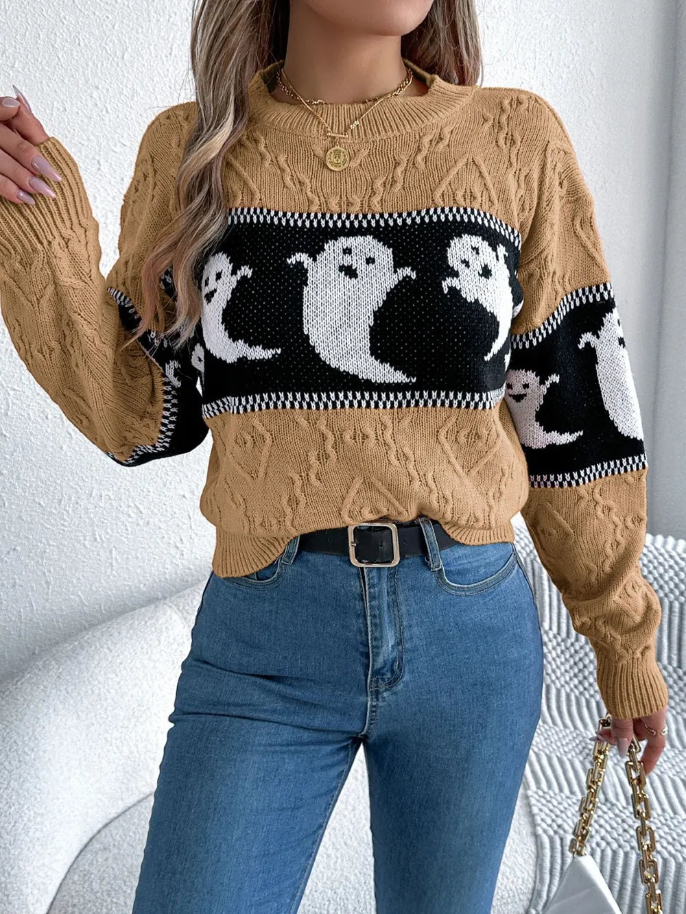 Ghost Round Neck Long Sleeve Sweater - adritiX