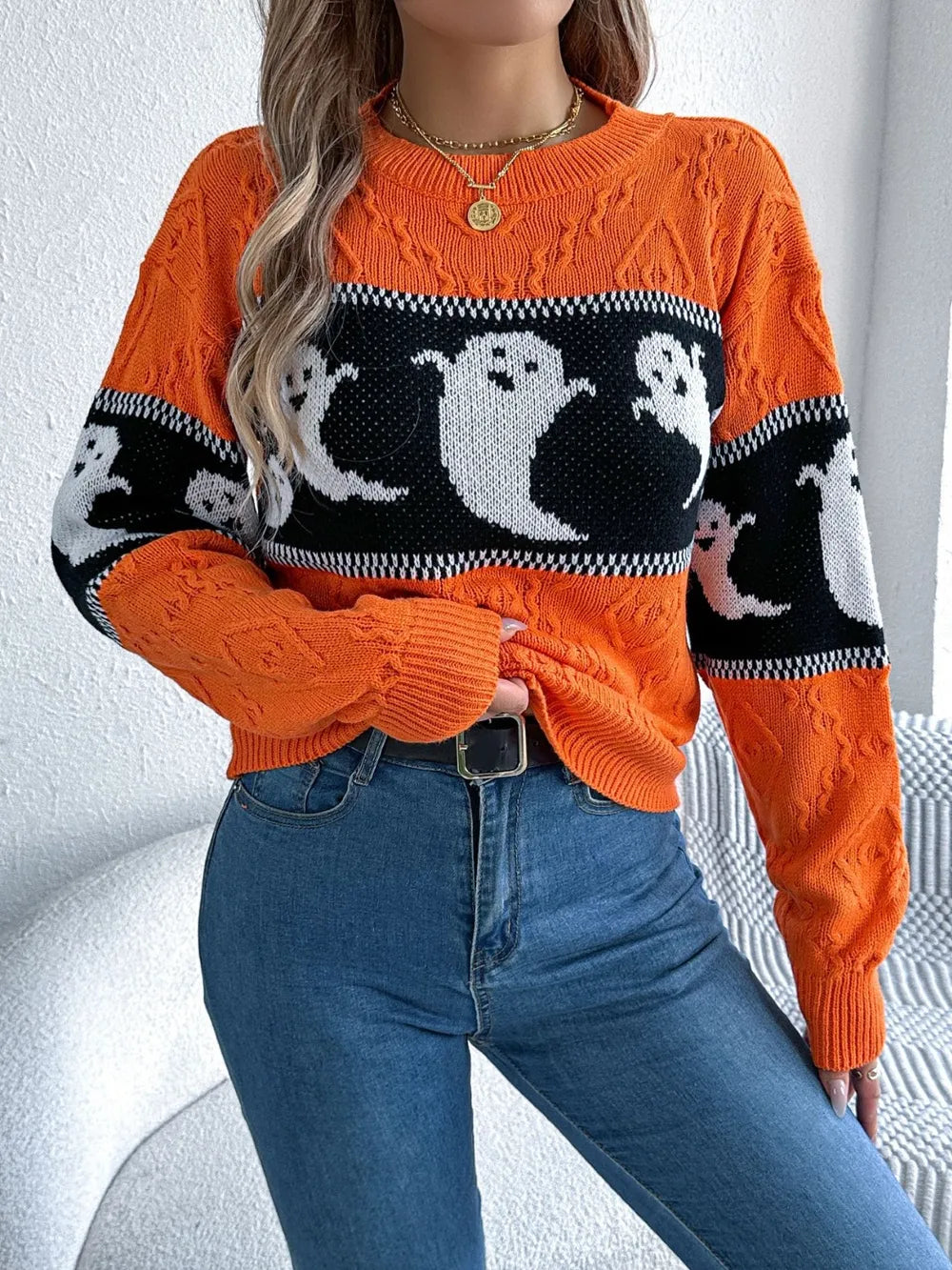 Ghost Round Neck Long Sleeve Sweater - adritiX
