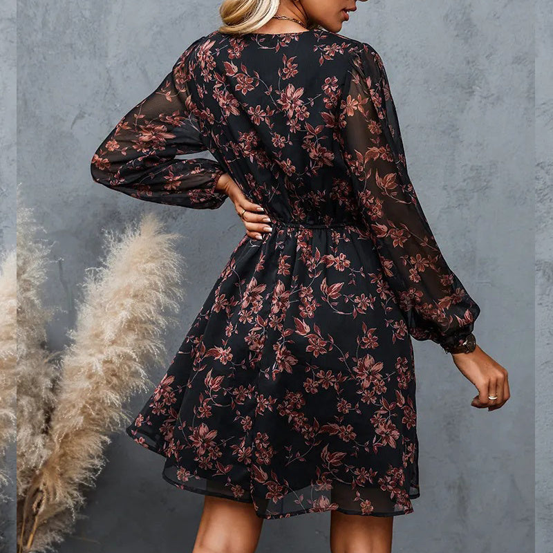 Elegant V-neck Elegant Chiffon Printed Floral Spring See-through Dress - adritiX