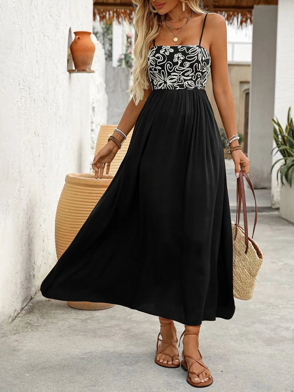 Elegant Smocked Midi Cami Dress with Pockets - adritiX