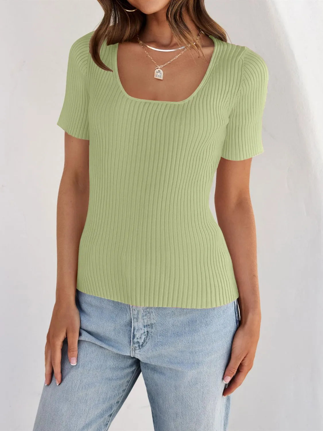 Elegant Ribbed Square Neck Short Sleeve Knit Top - adritiX