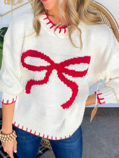 Bow Round Neck Long Sleeve Sweater - adritiX