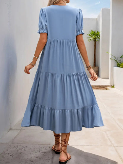 Notched Short Sleeve Tiered Midi Dress - adritiX