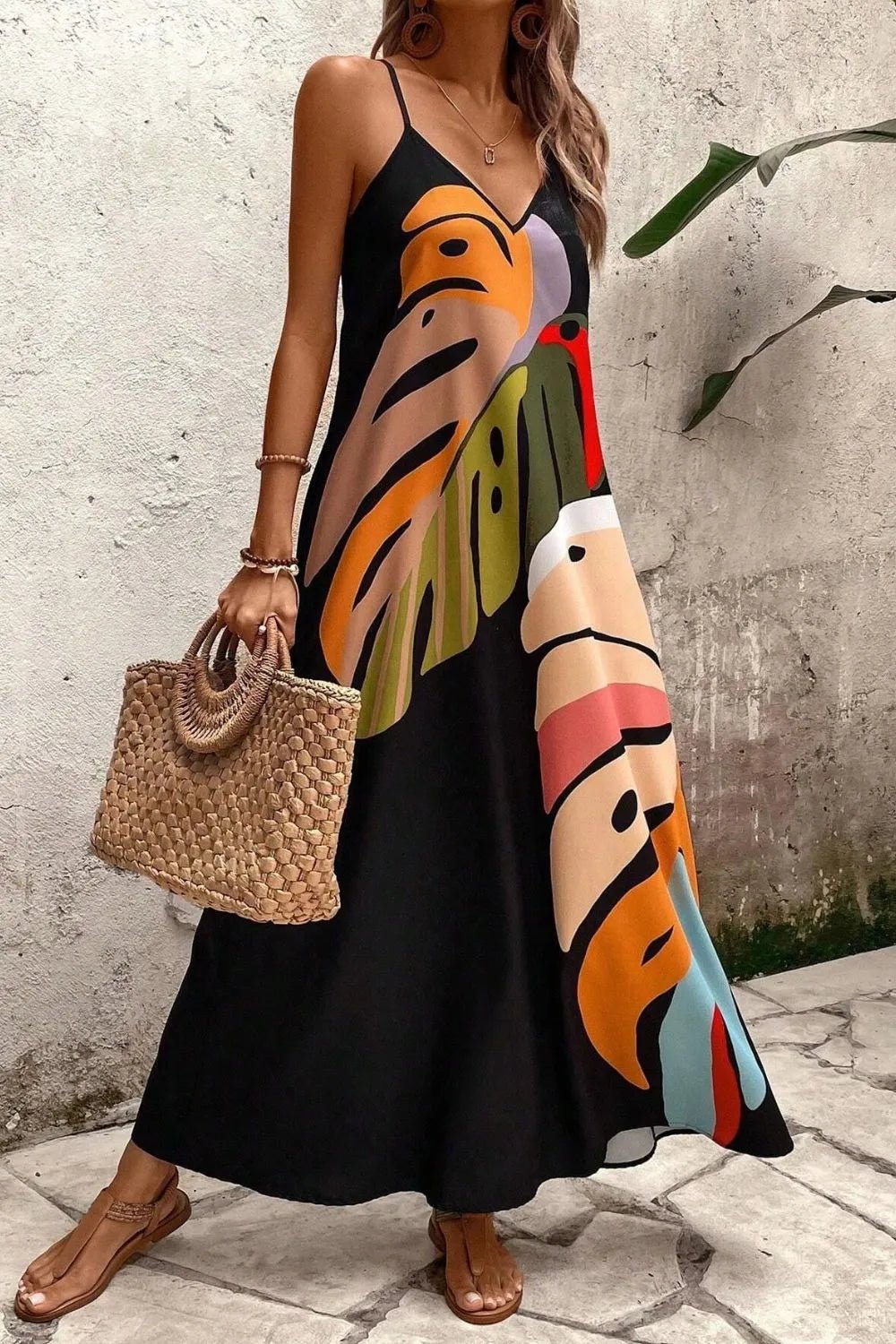 Tropical Leaf Print V-Neck Maxi Cami Dress - adritiX