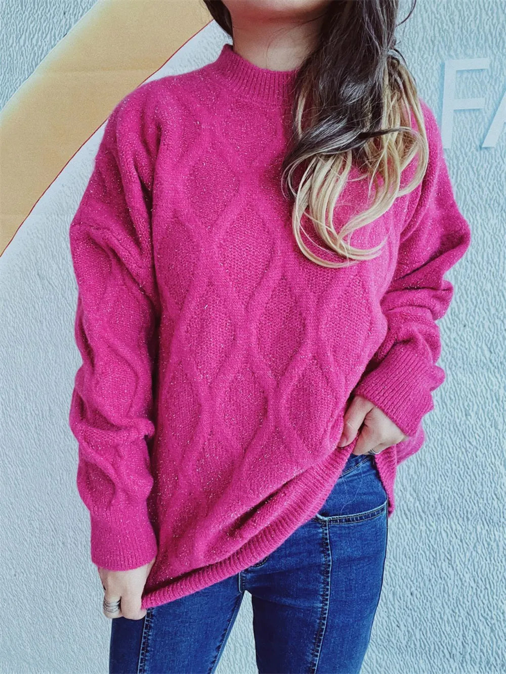 Diamond Round Neck Long Sleeve Sweater - adritiX