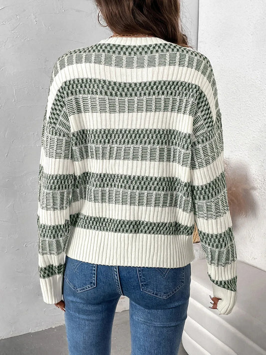 Perfee Contrast Round Neck Long Sleeve Sweater - adritiX