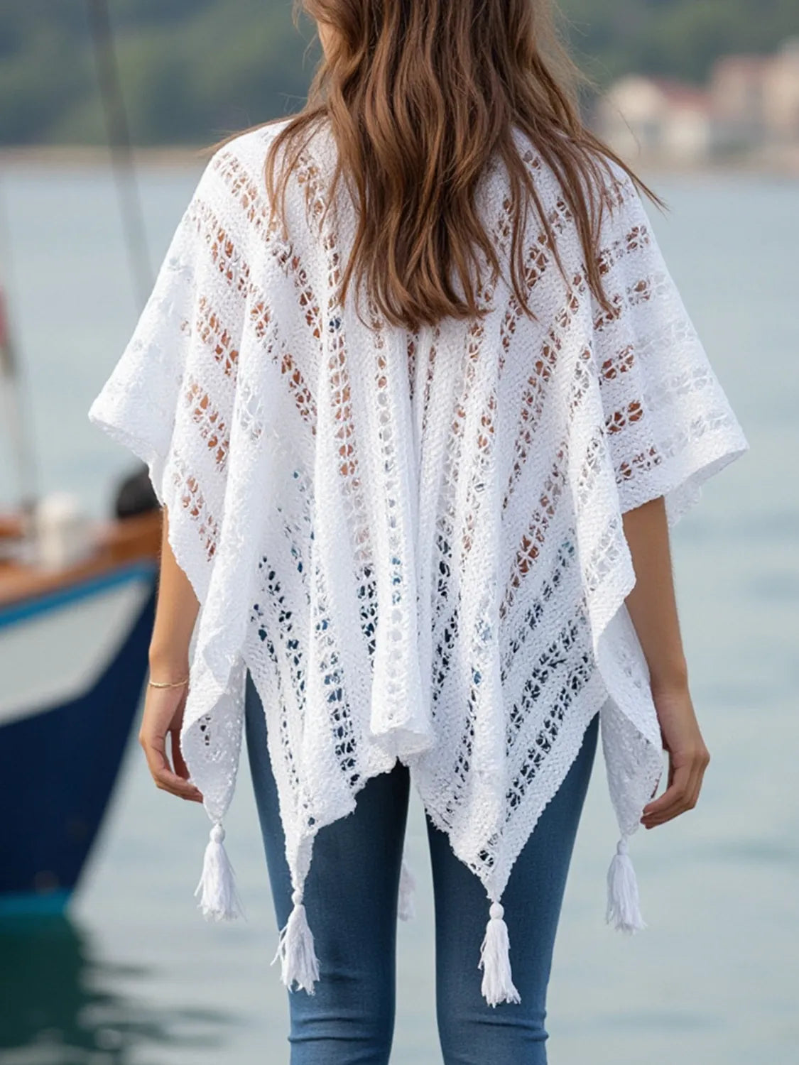 Elegant Openwork Tassel Open Front Knit Cover Up - adritiX