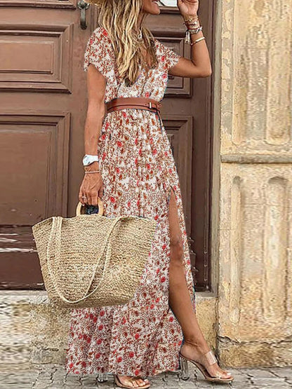 Full Size Printed V-Neck Short Sleeve Maxi Dress Plus Size - adritiX