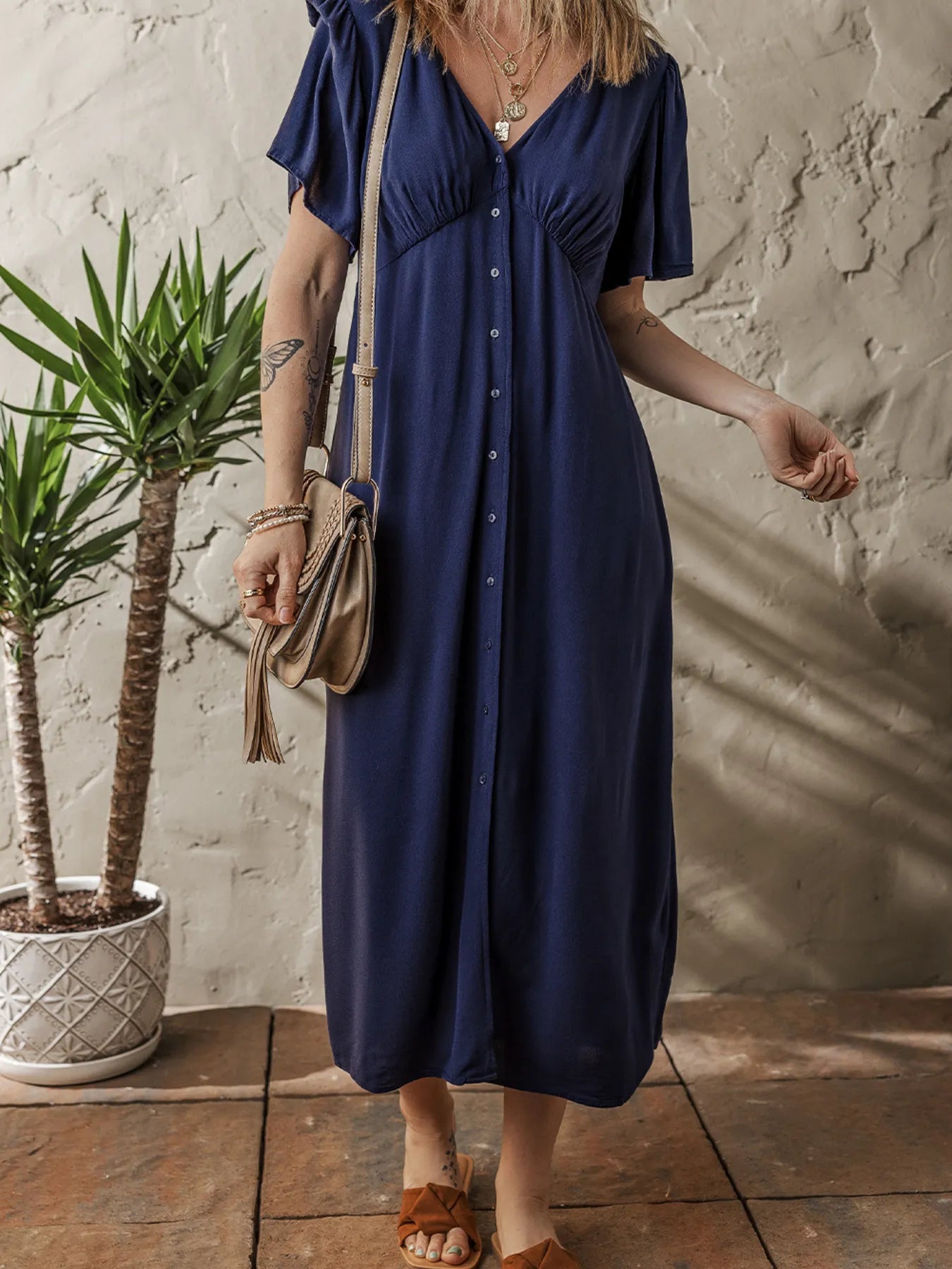 V Neck Buttoned Front Shirred Back Short Sleeve Midi Dress - adritiX