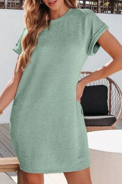 Solid Color Textured Crinkle Short Sleeve T Shirt Dress - adritiX