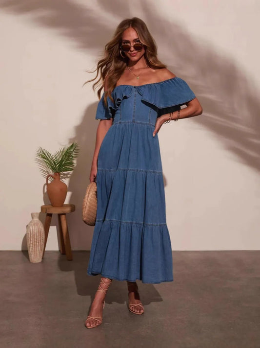 Off Shoulder Ruffle Tiered Denim Dress - adritiX