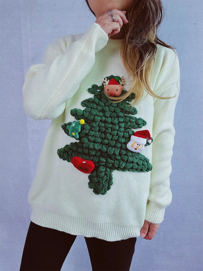 Elegant Christmas Tree Round Neck Long Sleeve Sweater - adritiX