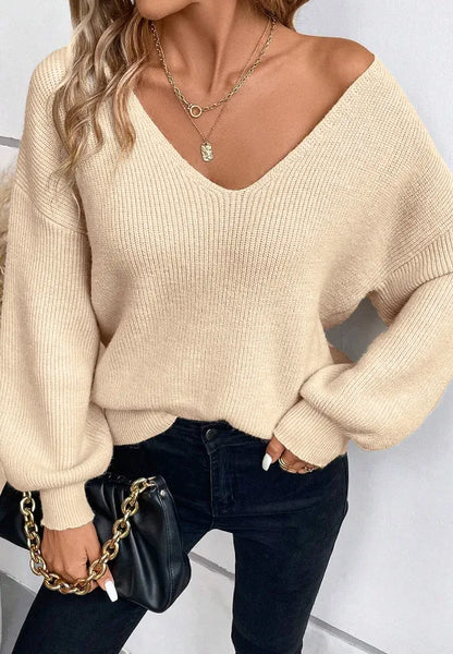 Tied Back V-Neck Long Sleeve Sweater - adritiX
