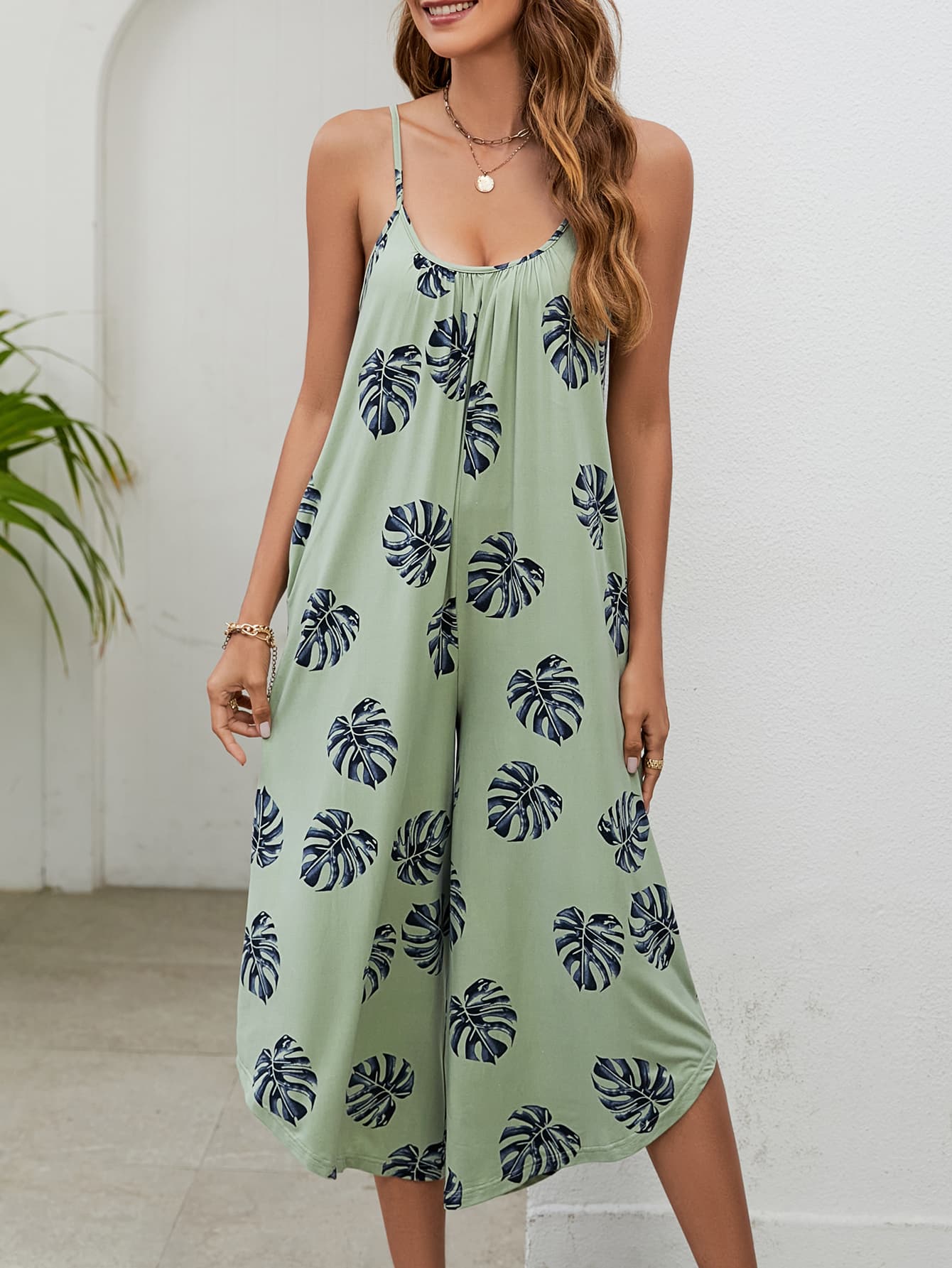 Elegant Botanical Print Spaghetti Strap Scoop Neck Jumpsuit - adritiX
