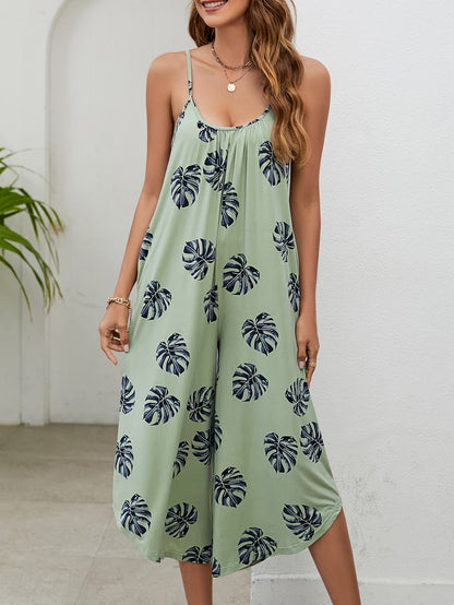 Elegant Botanical Print Spaghetti Strap Scoop Neck Jumpsuit - adritiX