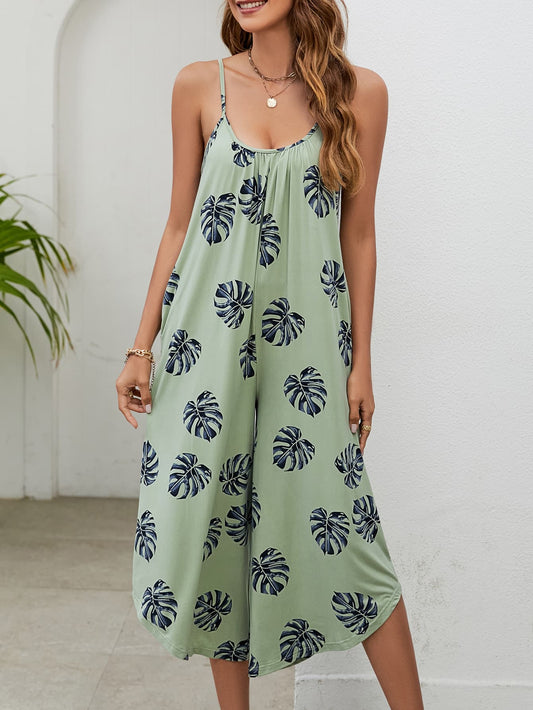 Elegant Botanical Print Spaghetti Strap Scoop Neck Jumpsuit - adritiX
