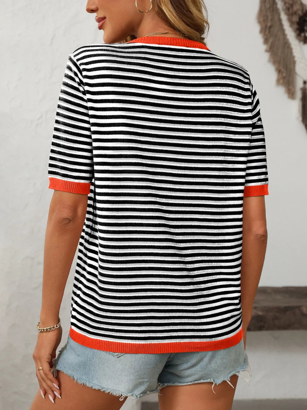 Mandy Striped Round Neck Half Sleeve Knit Top - adritiX