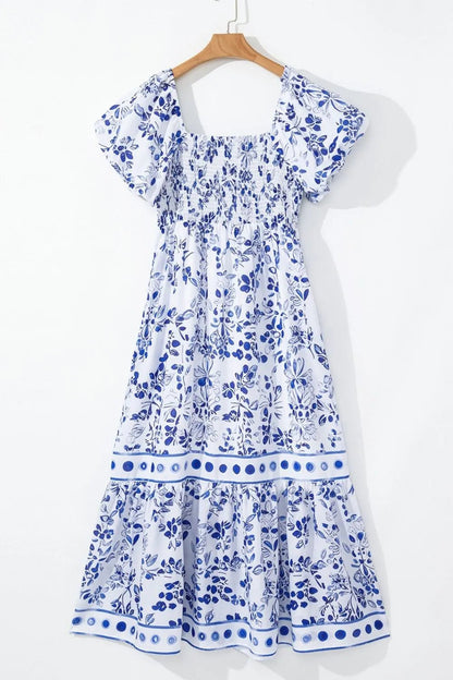 Smocked Printed Square Neck Puff Sleeve Dress - adritiX