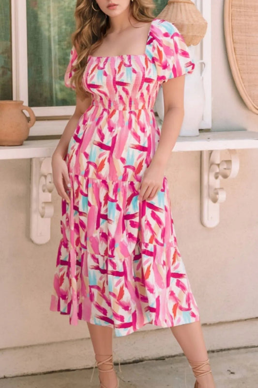 Geometric Print Puff Sleeve Square Neck Midi Dress - adritiX