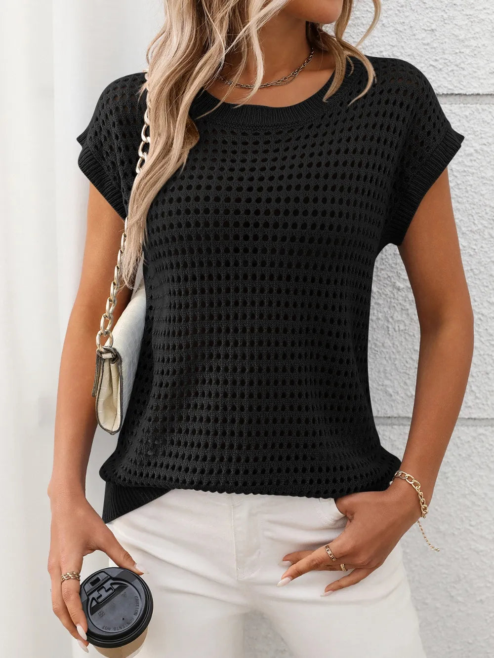 Openwork Round Neck Short Sleeve Knit Cover Up - adritiX