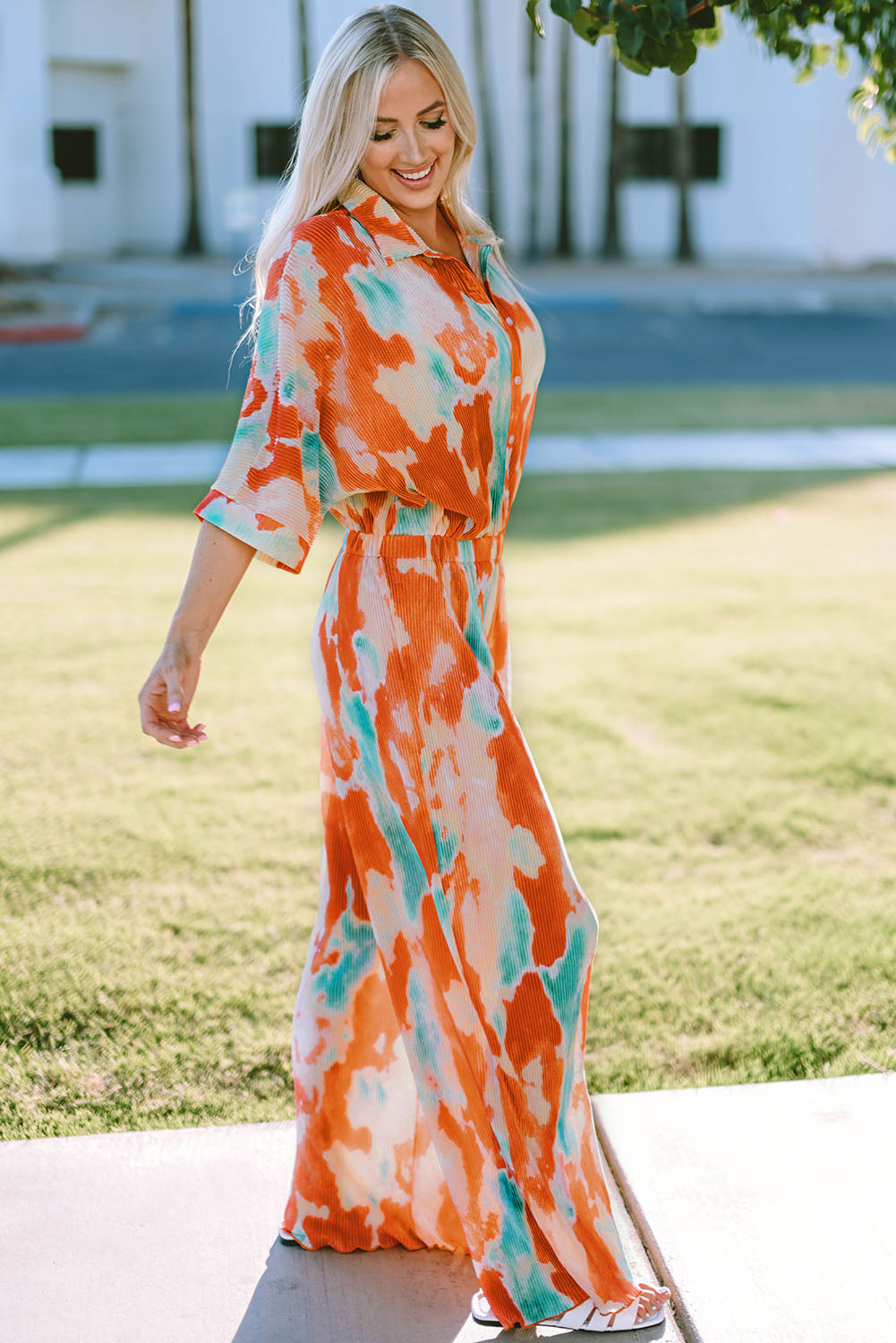 Elegant Tie-Dye Collared Wide Leg Jumpsuit - adritiX