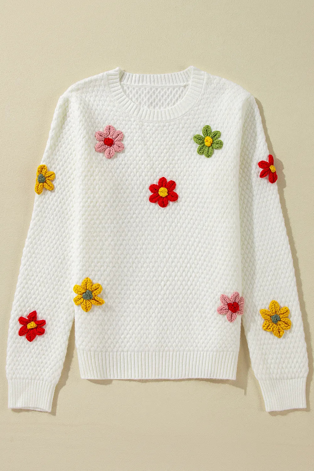 Elegant Crochet Flower Round Neck Long Sleeve Sweater - adritiX