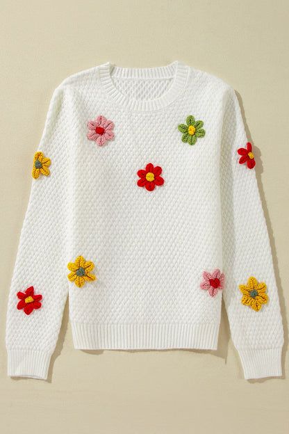 Elegant Crochet Flower Round Neck Long Sleeve Sweater - adritiX