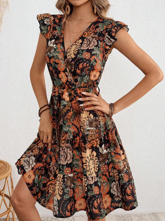 Ruffled Printed Surplice Cap Sleeve Dress - adritiX