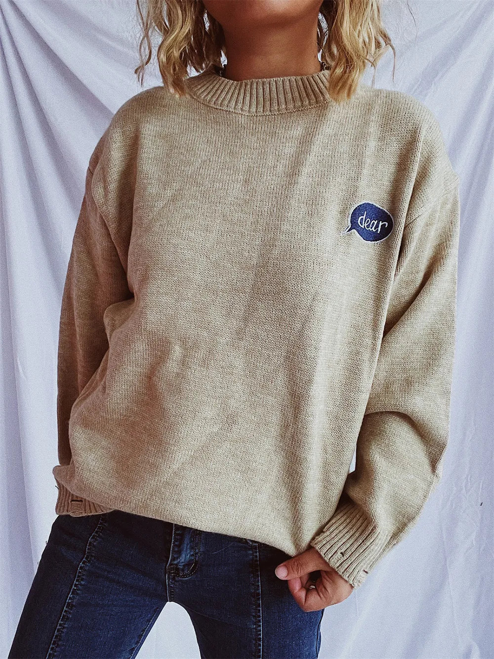 Embroidered Round Neck Dropped Shoulder Sweater - adritiX