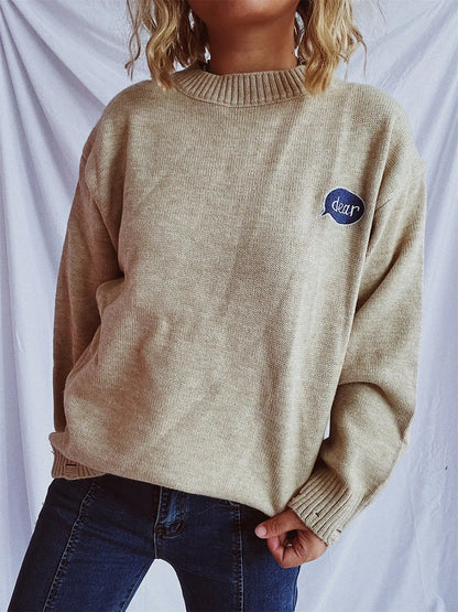 Embroidered Round Neck Dropped Shoulder Sweater - adritiX