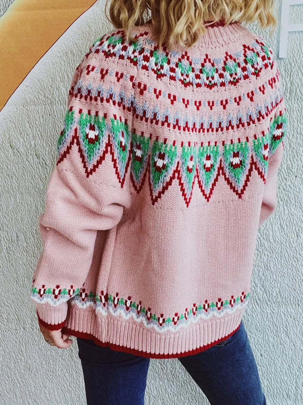 Contrast Geometric Round Neck Long Sleeve Cardigan - adritiX