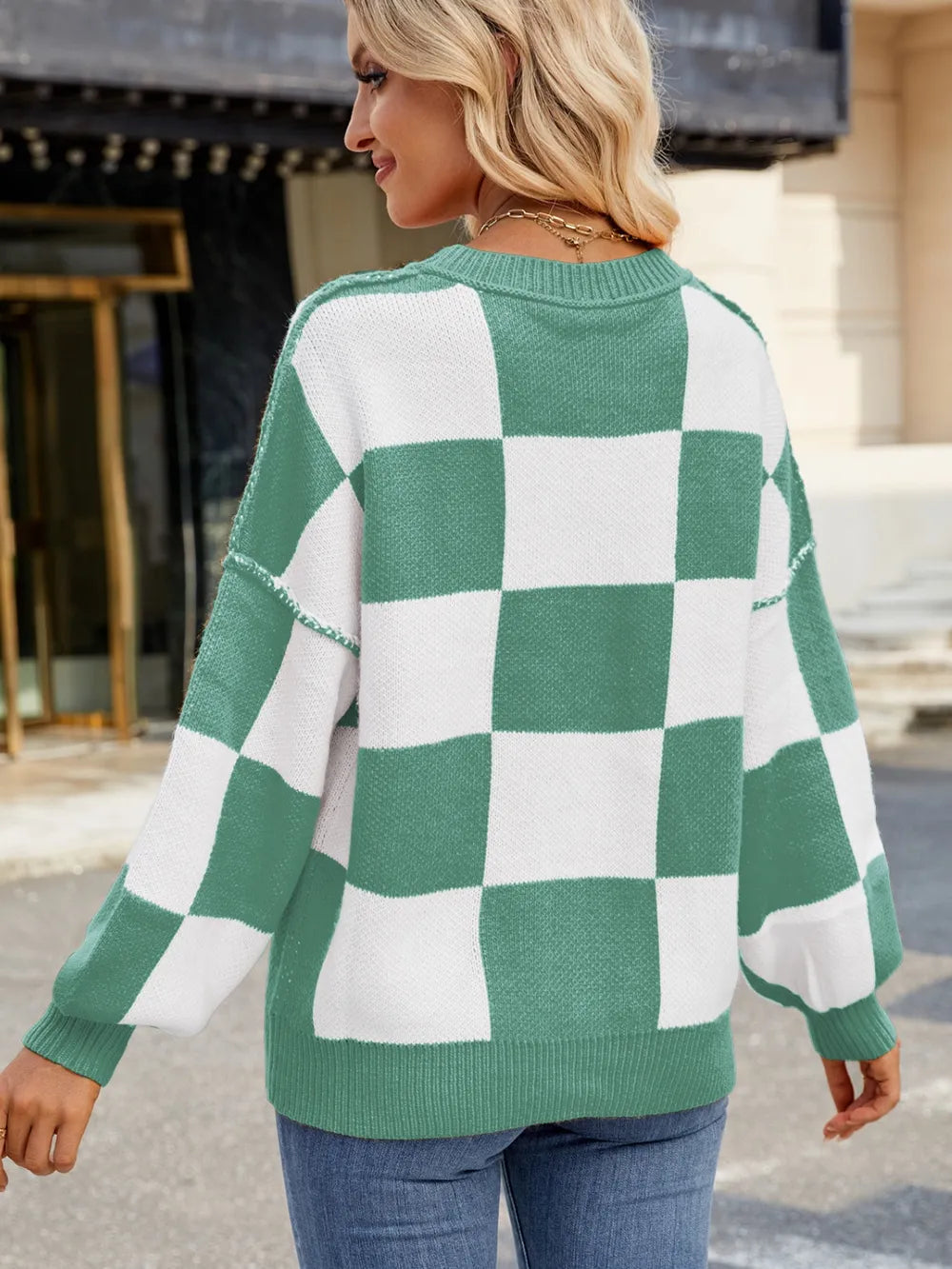 Checkered Round Neck Long Sleeve Sweater - adritiX