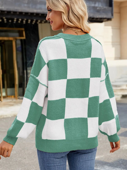 Checkered Round Neck Long Sleeve Sweater - adritiX