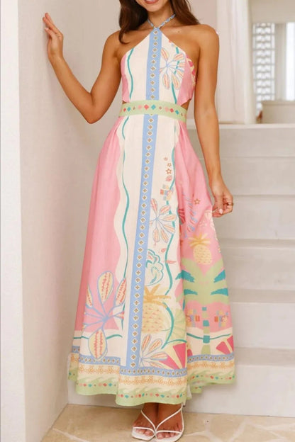 Printed Halter Neck Maxi Dress - adritiX