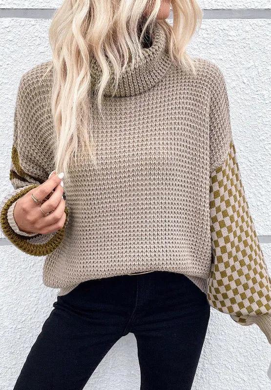 Striped & Checkered Turtleneck Dropped Shoulder Sweater - adritiX