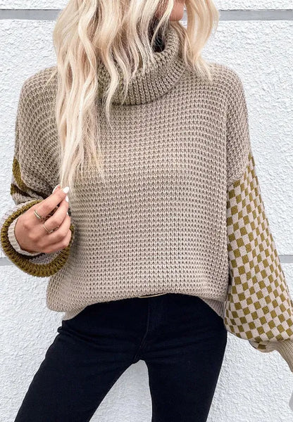 Striped & Checkered Turtleneck Dropped Shoulder Sweater - adritiX