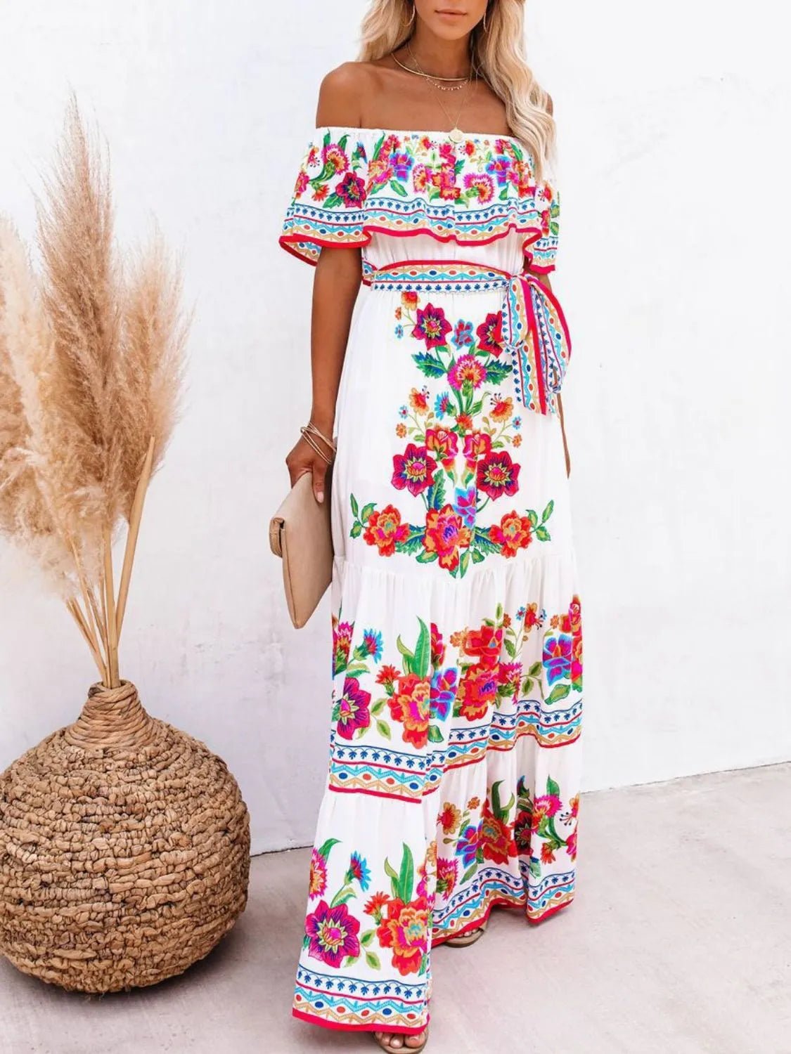 Floral Off Shoulder Ruffle Maxi Dress - adritiX