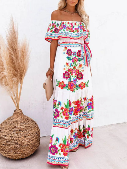 Floral Off Shoulder Ruffle Maxi Dress - adritiX
