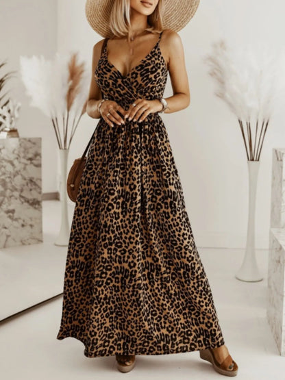 Leopard Print Spaghetti Strap Summer Maxi Dress - adritiX